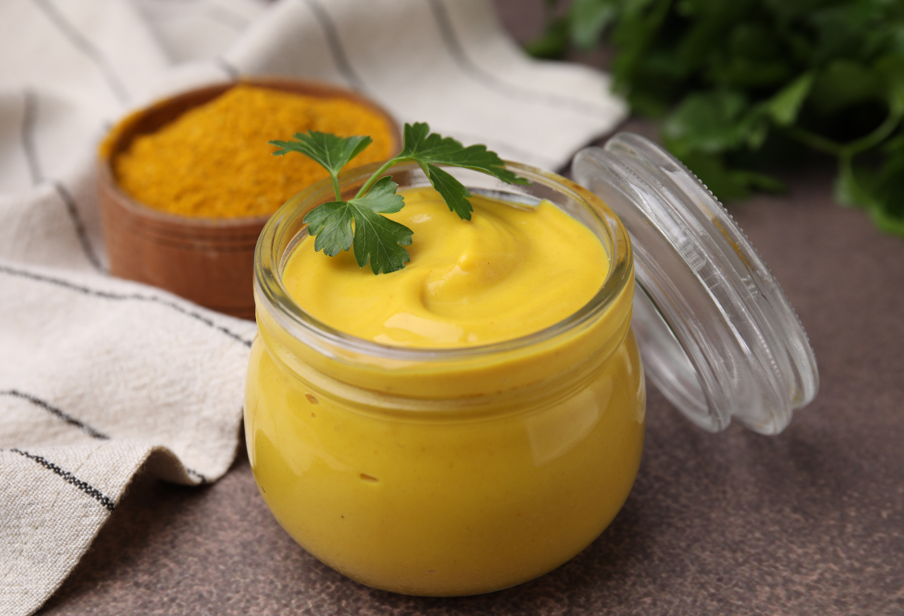 Fruchtiger Curry-Dip in einem Einmachglas, im Hintergrund ein Glasschälchen mit Currypulver