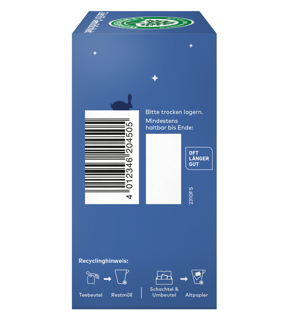 Rechtseite einer Teeverpackung mit Barcode, Lagerhinweisen und Recyclinghinweisen