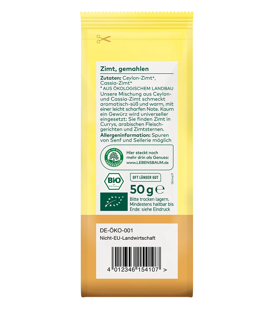 Gelbe Gewürzmischung Zimt gemahlen, 50g Bio-Packung mit Etikett, Ceylon- und Cassia-Zimt aus ökologischem Landbau, Lebensbaum-Zertifikat