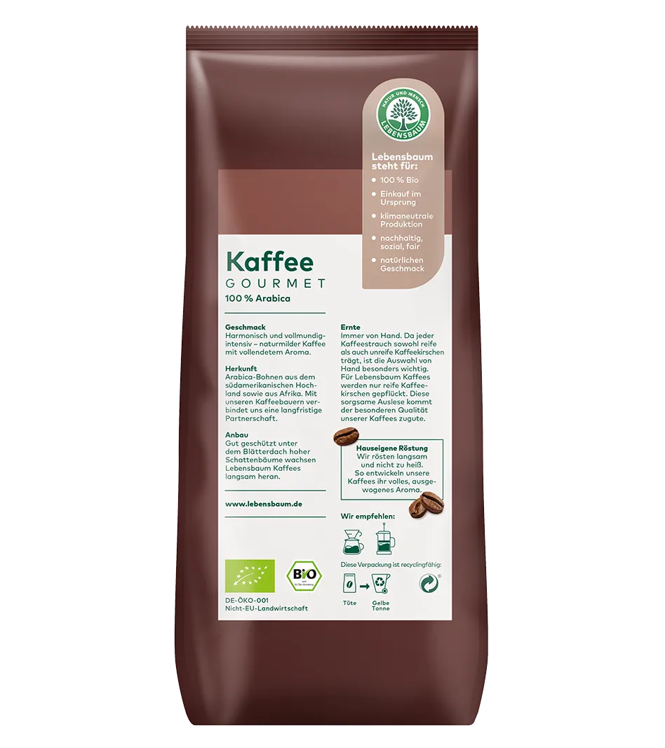 Lebensbaum Gourmet Kaffee 100% Arabica, 500g Packung, Bio-zertifiziert, kräftige Röstung mit harmonisch-vollmundigem Aroma