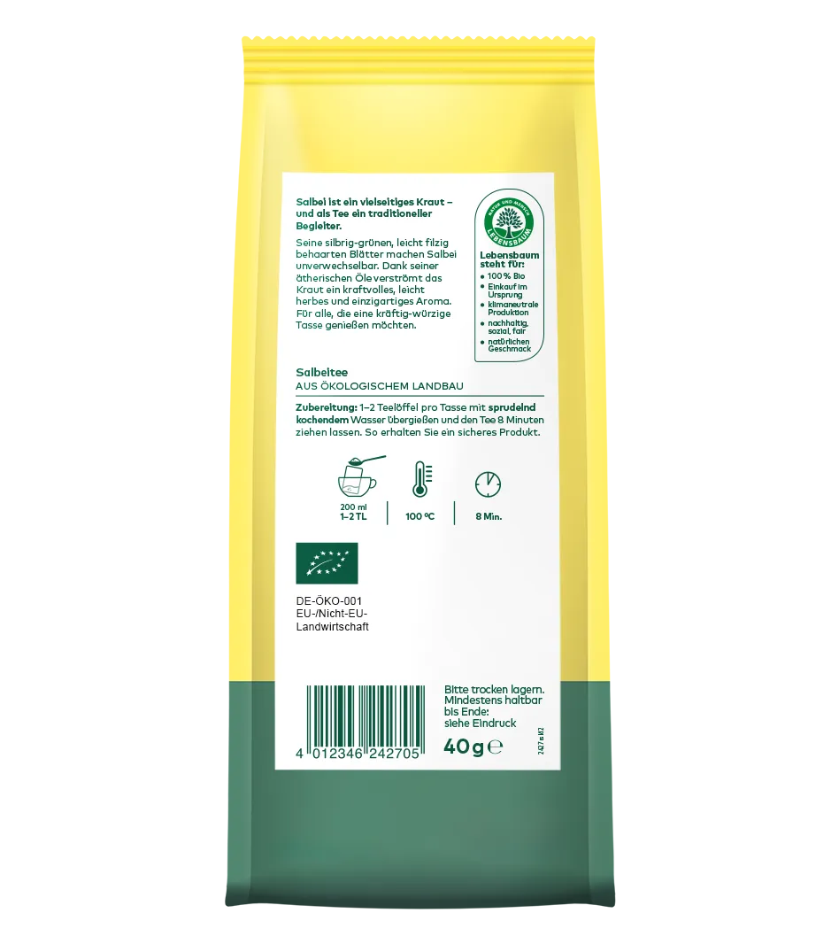 Bio-Salbeitee aus ökologischem Landbau in gelb-grüner 40g Packung mit Zubereituungsanleitung und Lebenbaum-Zertifikat.