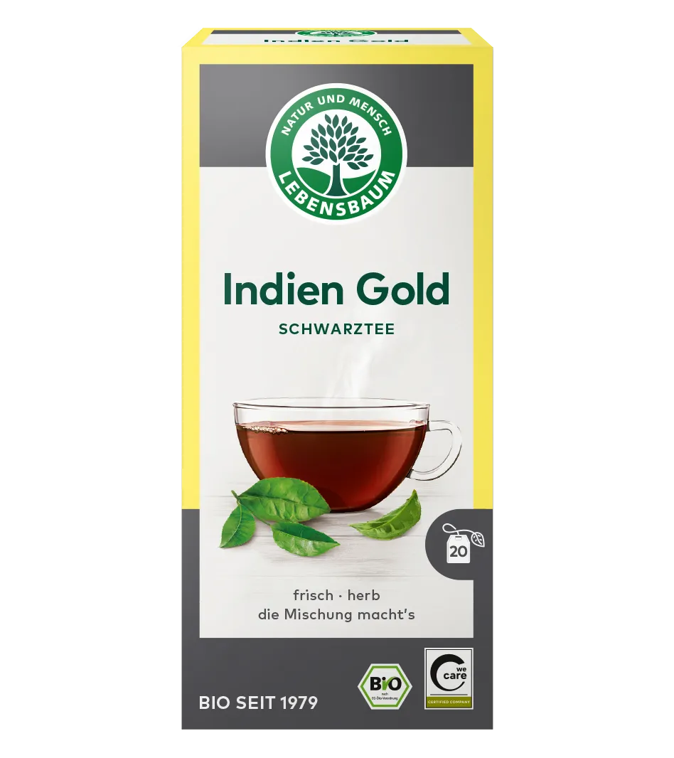 Lebensbaum Indien Gold Schwarztee Bio, 20 Teebeutel, gelbe Verpackung mit Teeglas und grünen Blättern