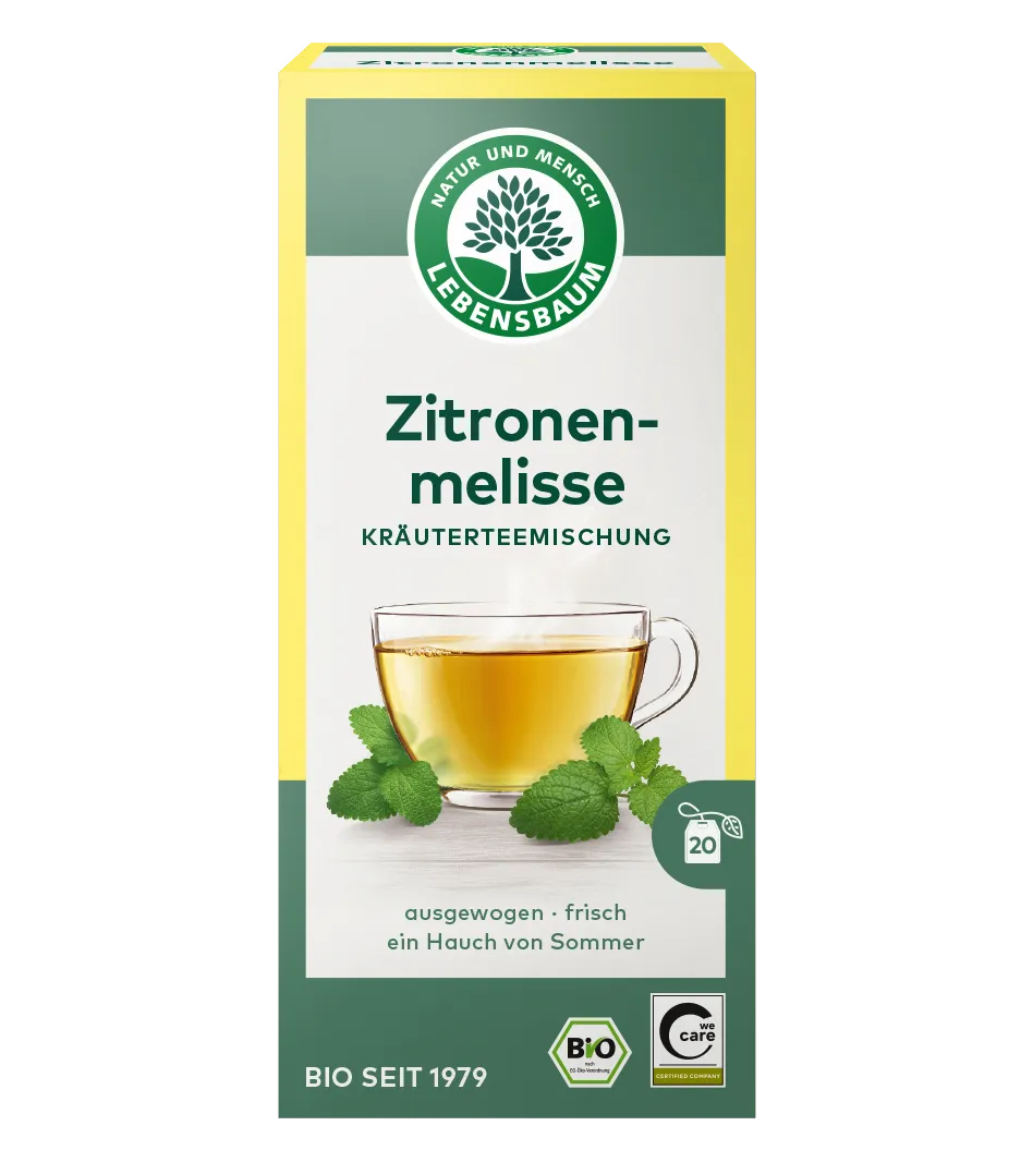 Lebensbaum Zitronenmelisse Kräuterteemischung, 20 Teebeutel, Bio-Qualität, gelb-grüne Verpackung mit Teetasse und Melisseblättern