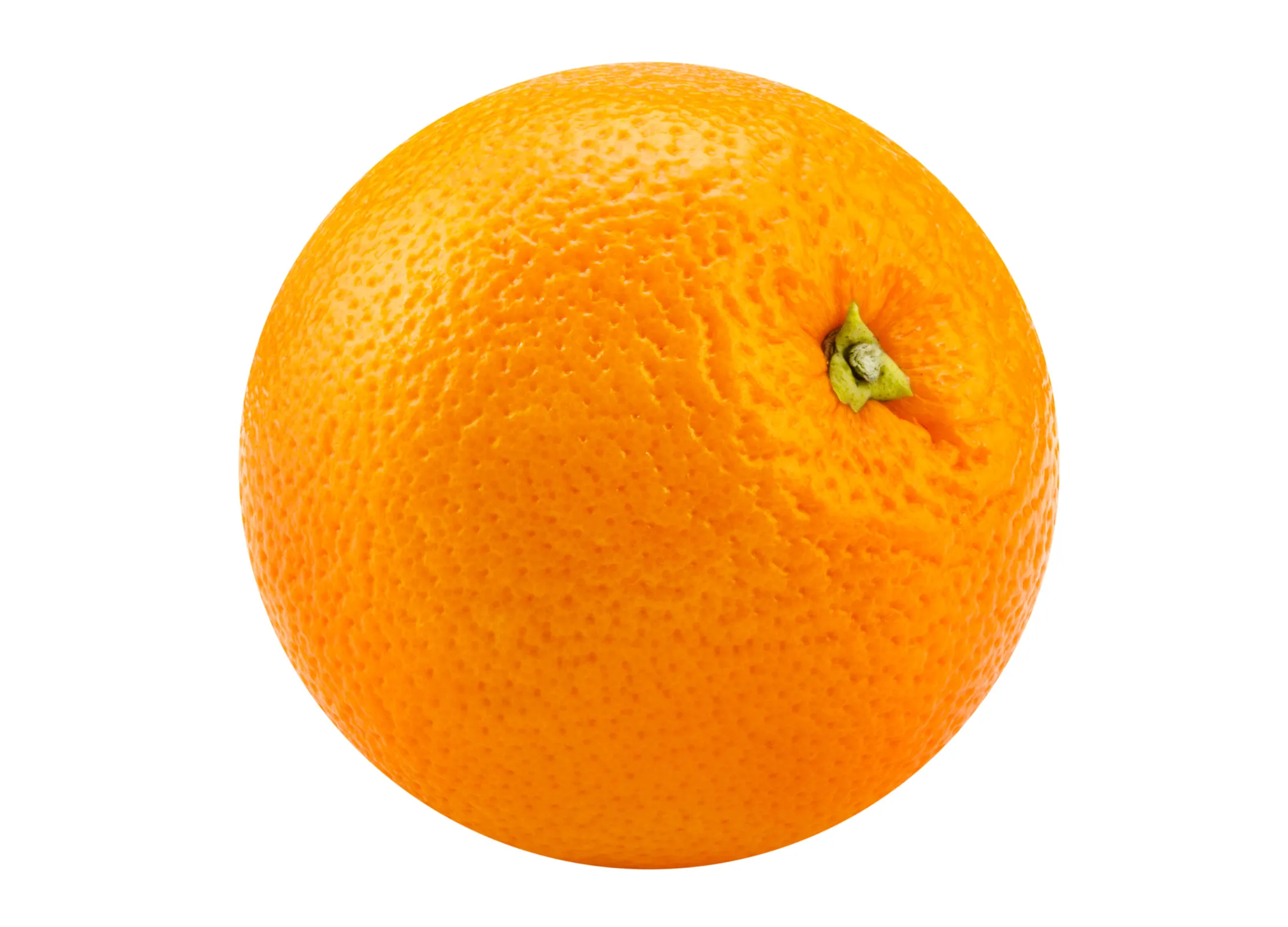 Frische Orange mit strukturierter Schale und grünem Stielansatz auf weißem Hintergrund