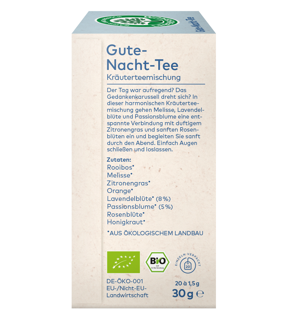 linke Seite Verpackung einer Kräuterteemischung ,,Gute Nacht Tee" mit Zutatenangaben und Bio-Siegeln 