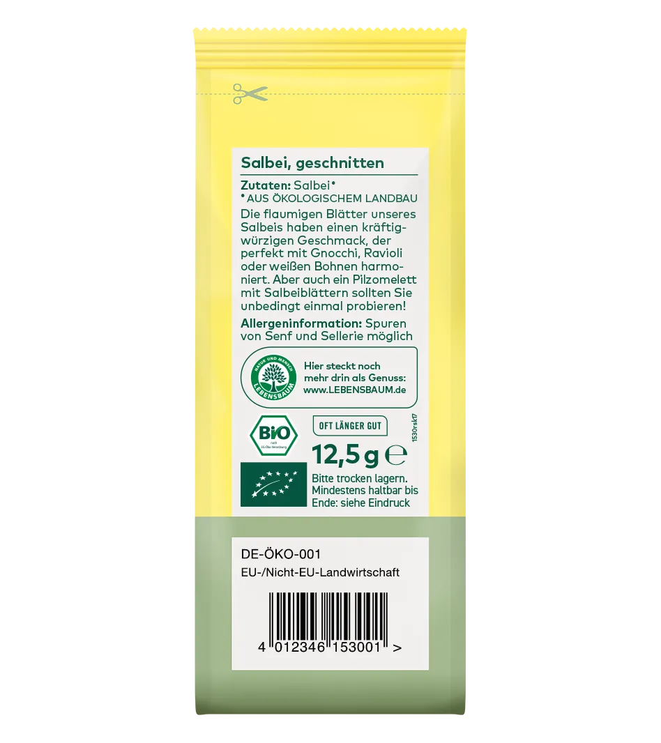 Gelbe Verpackung mit Bio-Salbei geschnitten, 12,5g, aus ökologischem Anbau, mit Öko-Siegel und Allergeninformation.