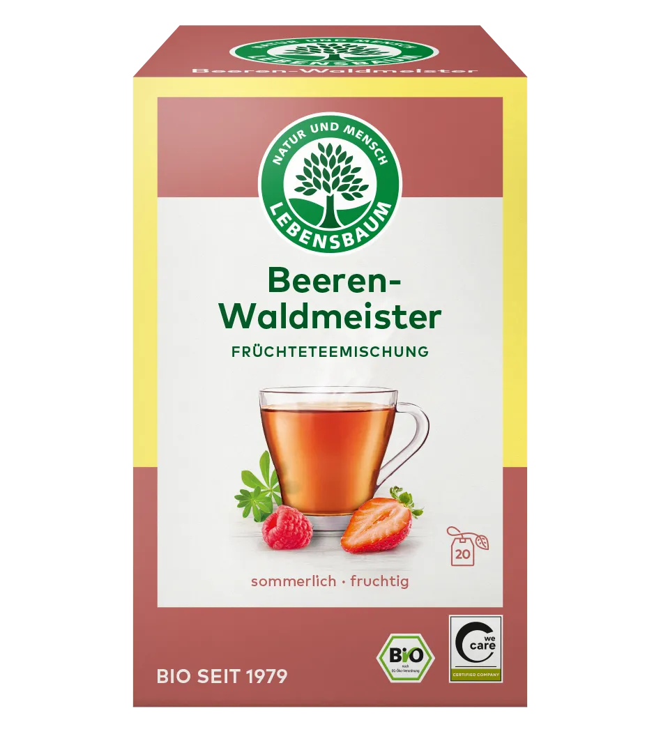 Lebensbaum Beeren-Waldmeister Früchtetee, 20 Beutel, Bio-Qualität, rote Verpackung mit Beerenfrucht und Teetasse