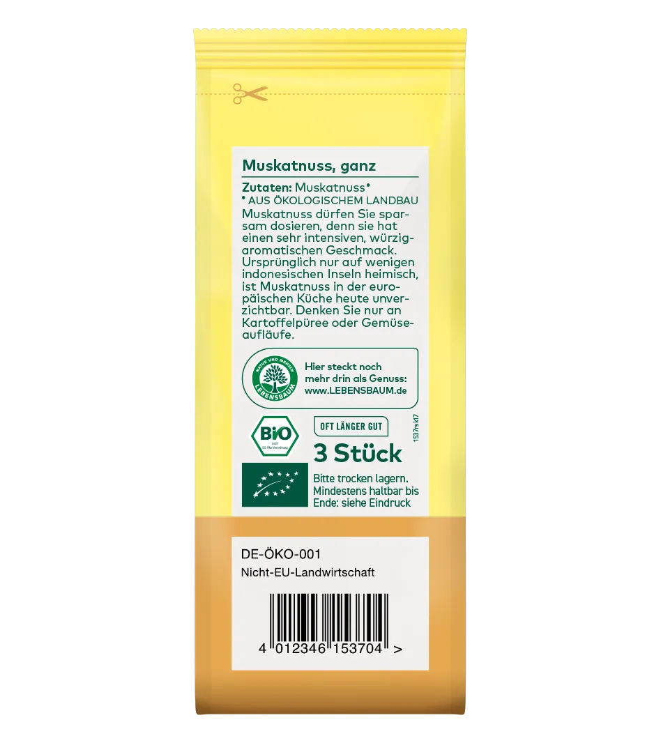 Muskatnuss, ganz – Bio-Gewürz in gelber Verpackung mit weißem Etikett, 3 Stück, aus ökologischem Anbau