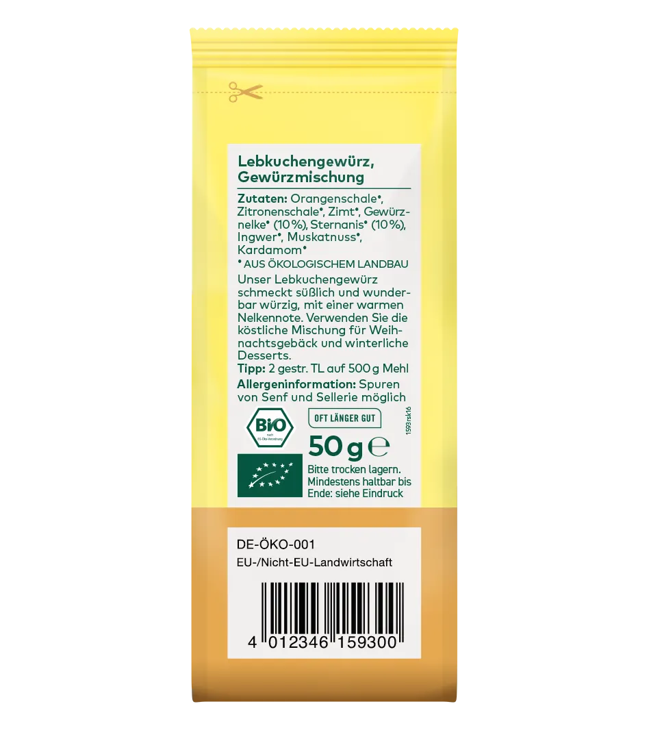 Bio Lebkuchengewürz Gewürzmischung 50g, gelbe Papiertüte mit weißem Etikett, Zutaten sichtbar, Öko-Siegel, Barcode