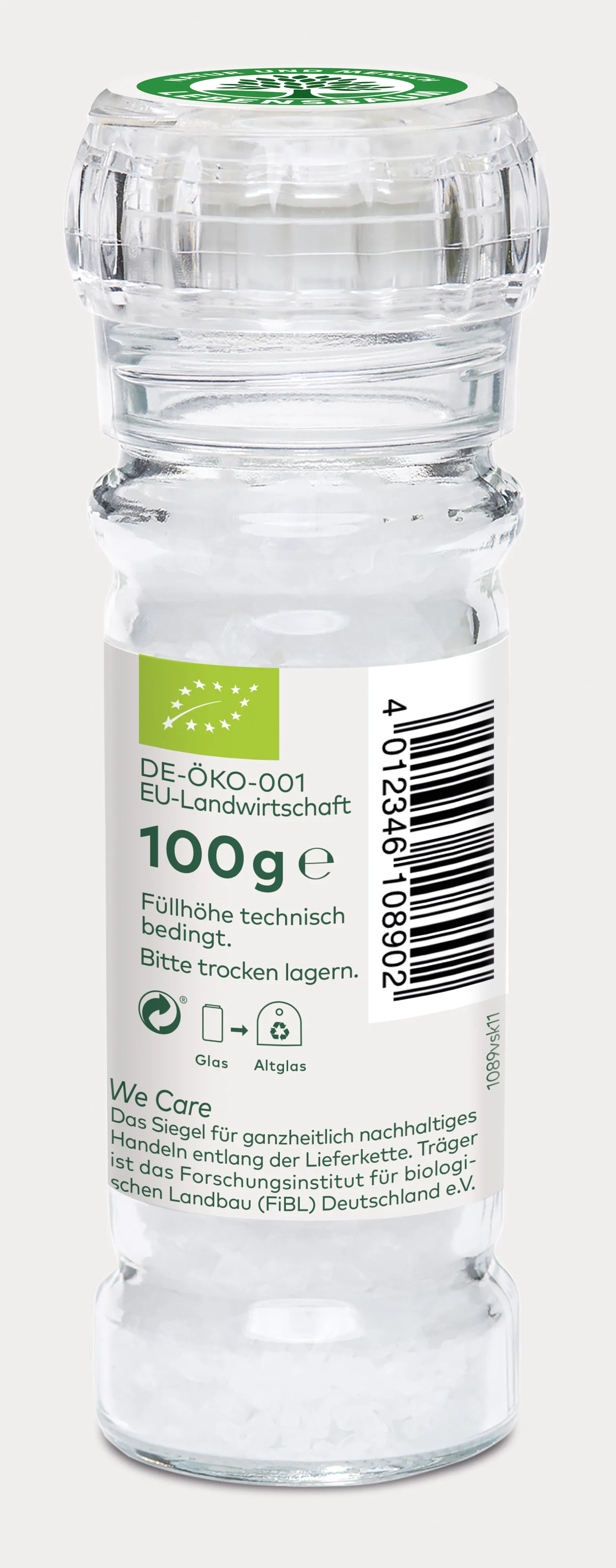 Meersalz-Mühle 100g mit grünem Deckel, Bio-Siegel und Recycling-Hinweis, Glaskörper mit Etikett