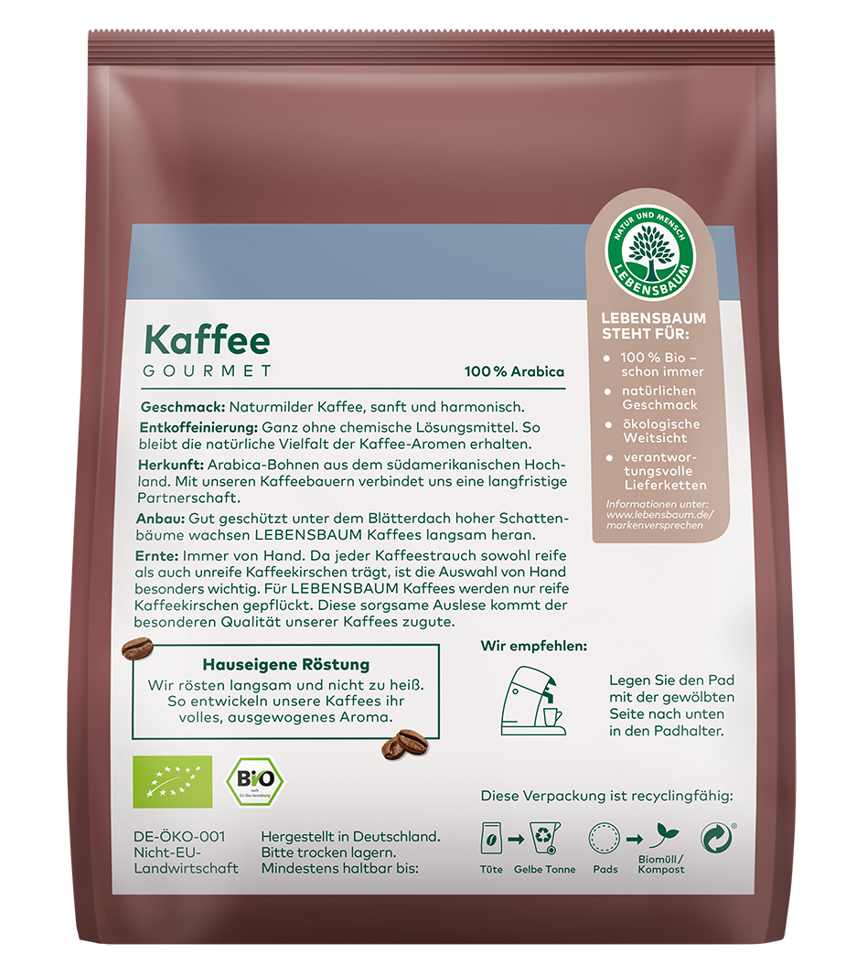 Bio Gourmet Kaffee Pads entkoffeiniert, Rückseitenansicht