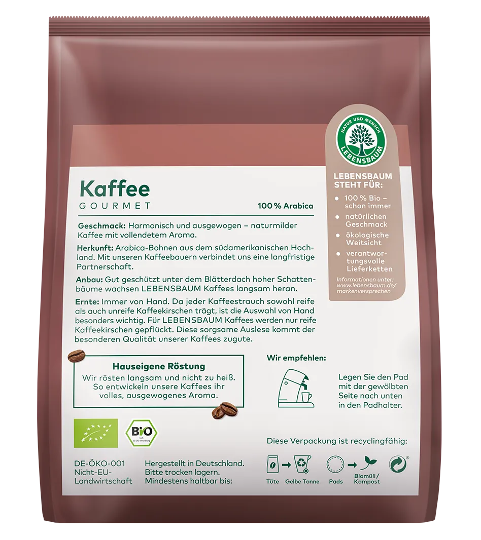 LEBENSBAUM Gourmet Kaffee Pads, 100% Arabica Bio, braune Verpackung mit grünem Logo und Produktinformationen