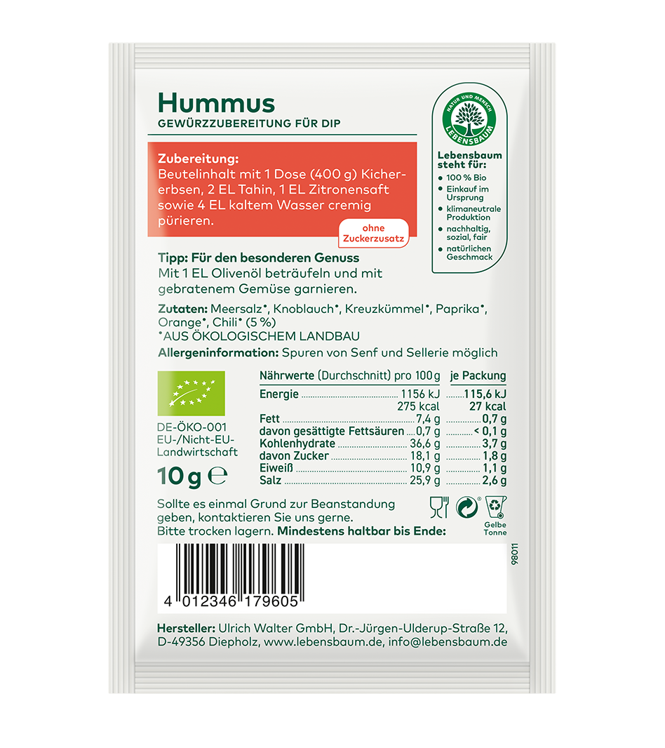 Hummus Gewürzzubereitung für Dip Rückseite