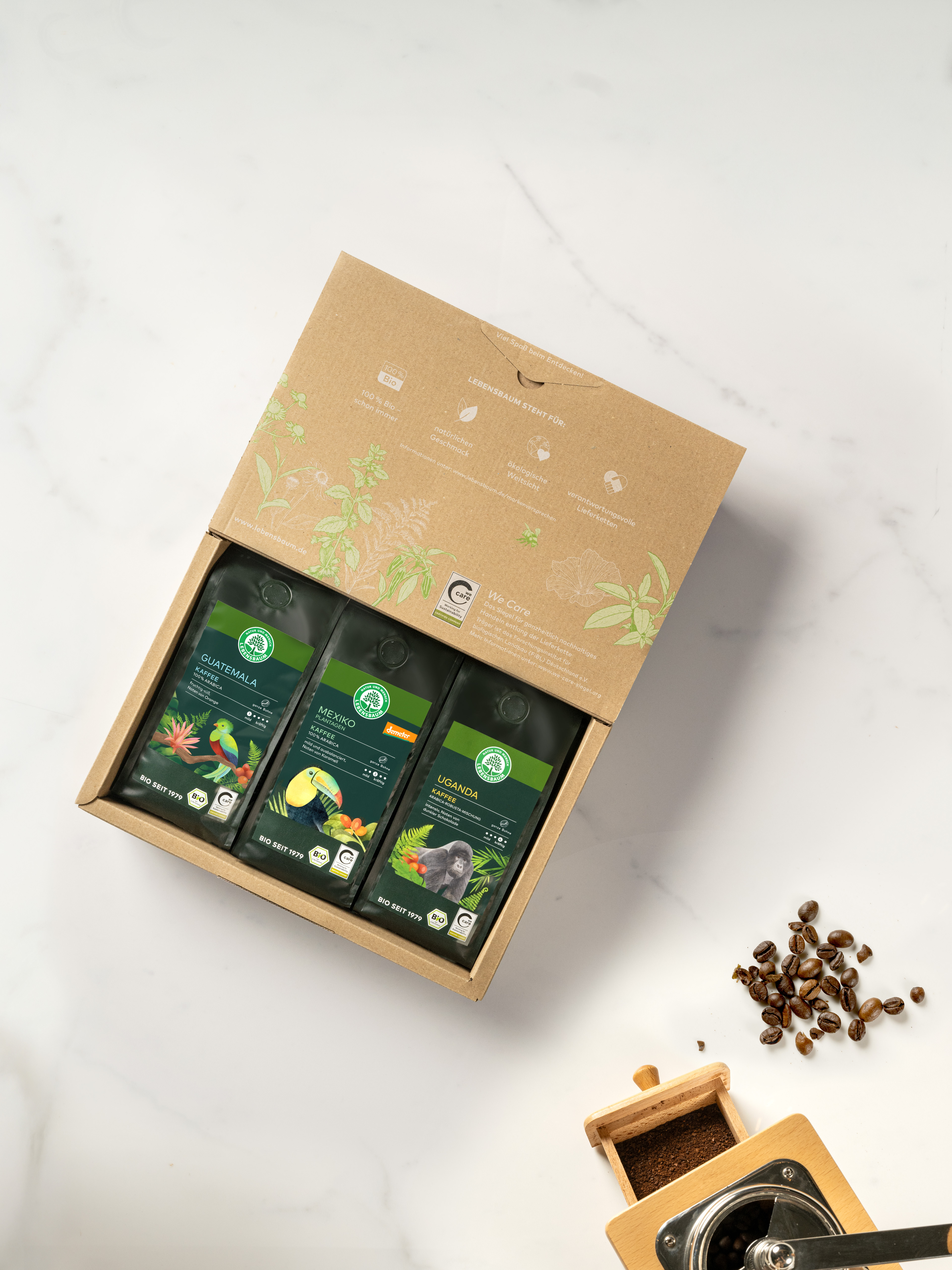 Herkunftskaffees ganze Bohne im Geschenkkarton
