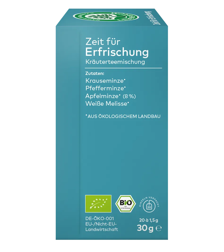 Türkisgrüne Teepackung "Zeit für Erfrischung" mit Bio-Kräuterteemischung, 20 Beutel à 1,5g, aus ökologischem Anbau mit Krauseminze, Pfefferminze, Apfelminze und Weiße Melisse.
