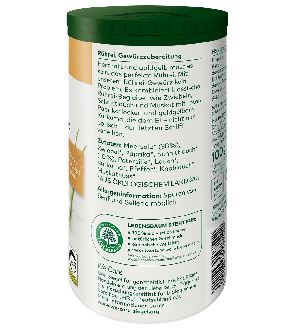 Rührei-Gewürzzubereitung in 100g Dose mit grünem Deckel, Bio-Zertifikat und Zutatenliste mit Meersalz, Zwiebel und Paprika