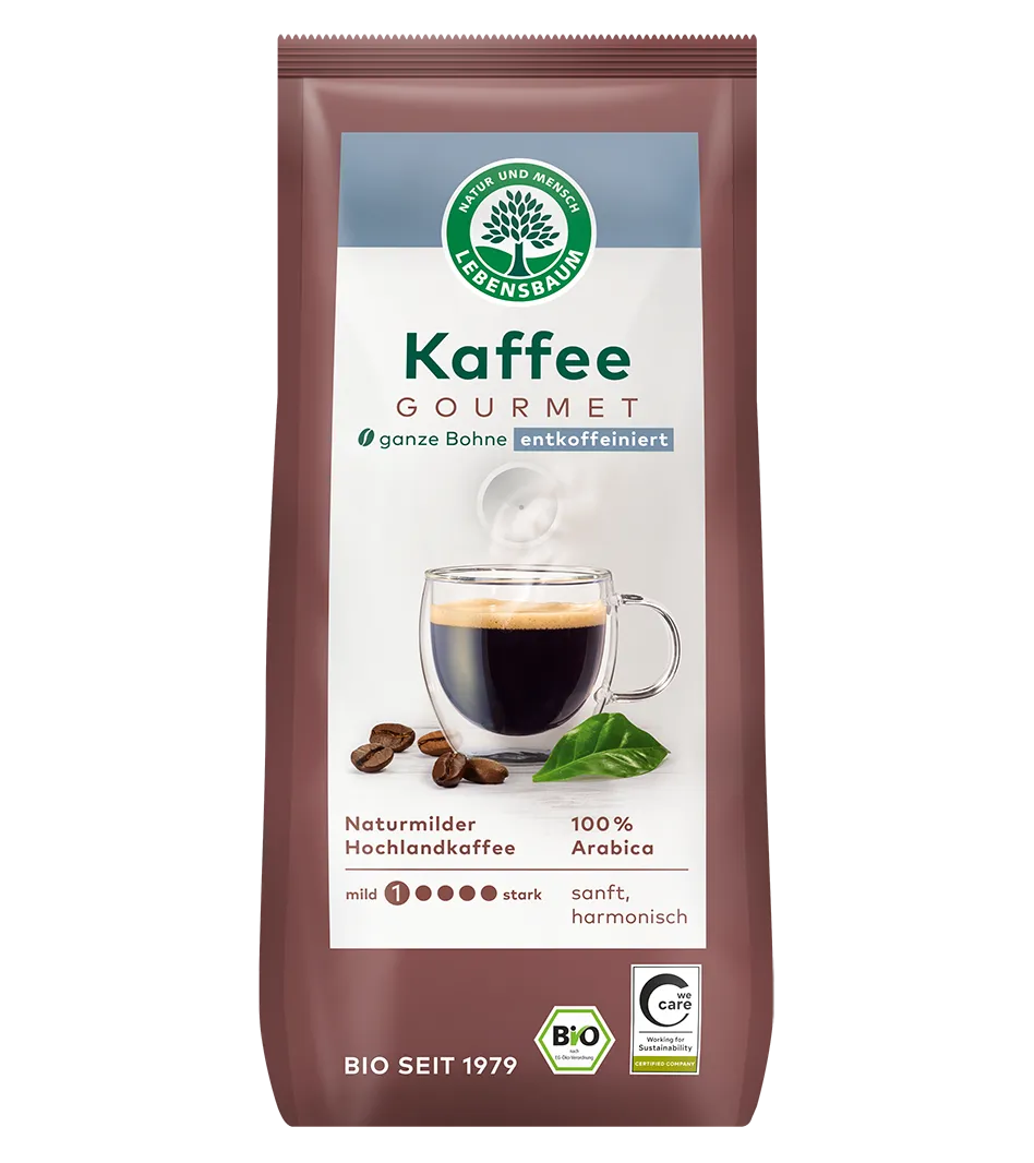 Lebensbaum Kaffee Gourmet, ganze Bohne entkoffeiniert, 100% Arabica, Naturmilder Hochlandkaffee, Bio-Qualität, 250g Packung