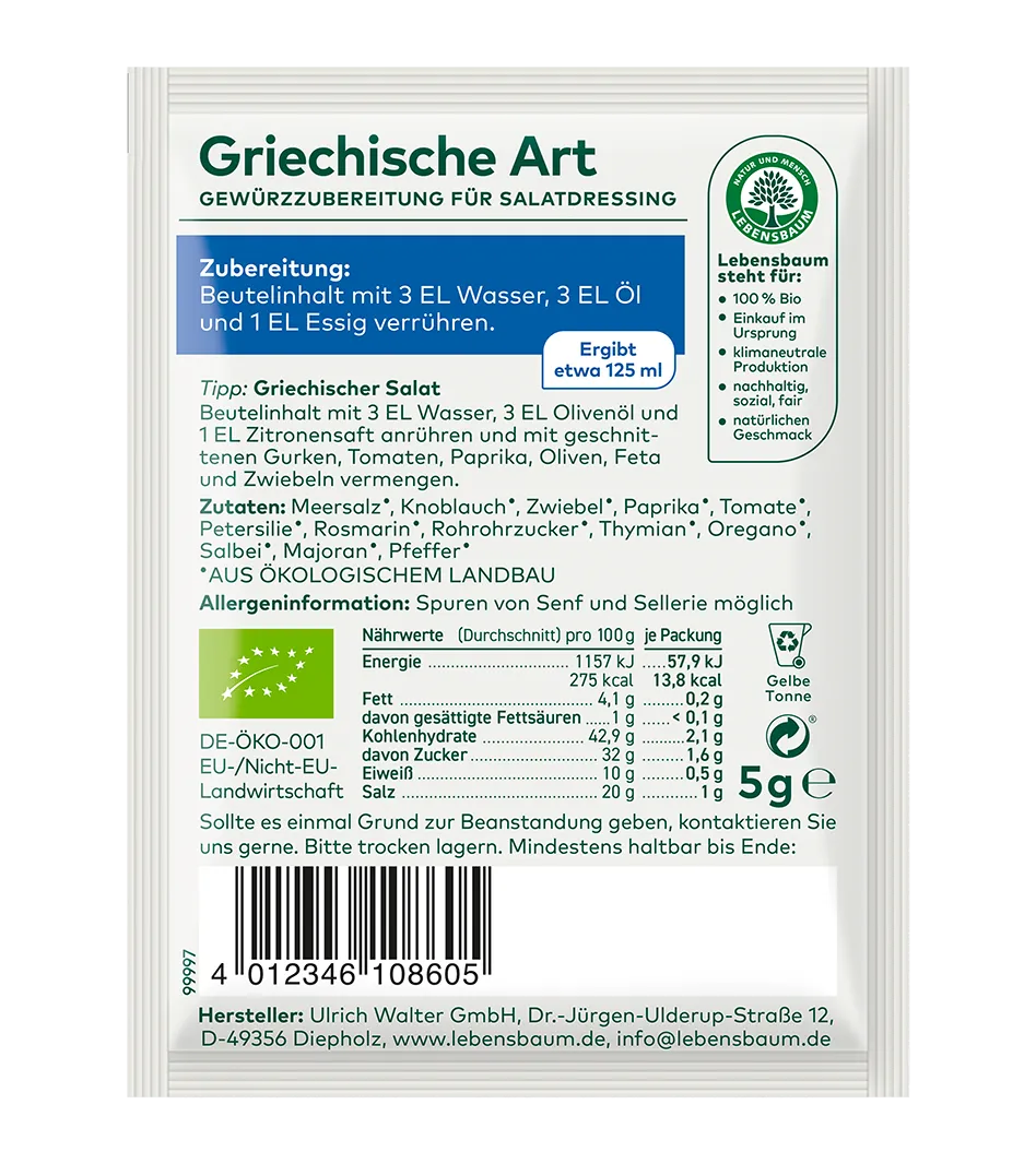 Griechische Art Gewürzzubereitung für Salatdressing, 5g Beutel von Lebensbaum. Bio-Würzmischung mit Meersalz, Knoblauch und Kräutern.