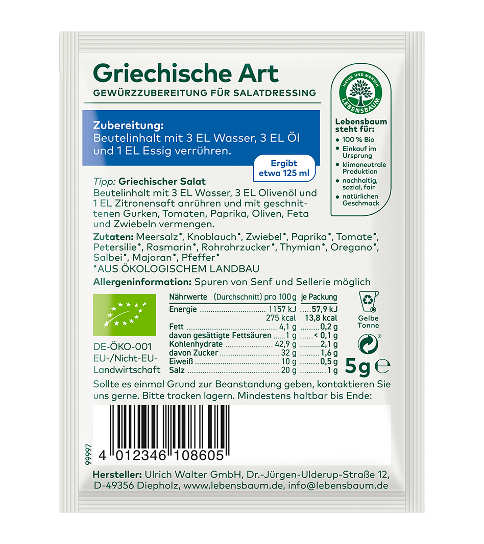 Griechische Art Gewürzzubereitung für Salatdressing, 5g Beutel von Lebensbaum. Bio-Würzmischung mit Meersalz, Knoblauch und Kräutern.