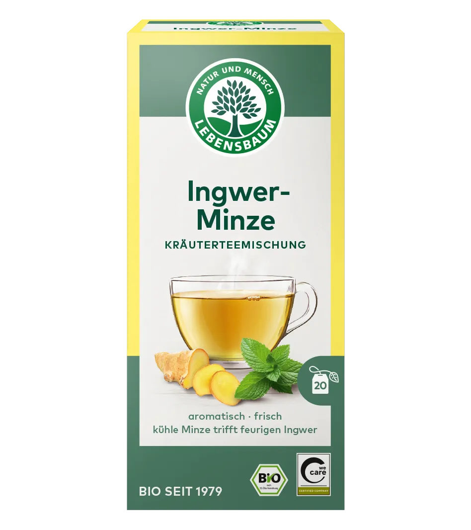Lebensbaum Ingwer-Minze Kräuterteemischung, Bio, 20 Beutel,aromatisch frisch kühle Minze trifft feurigen Ingwer