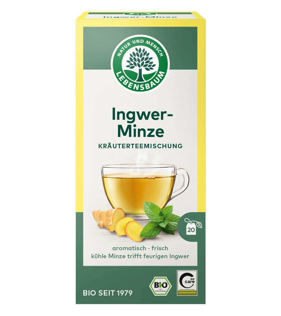 Lebensbaum Ingwer-Minze Kräuterteemischung, Bio, 20 Beutel,aromatisch frisch kühle Minze trifft feurigen Ingwer