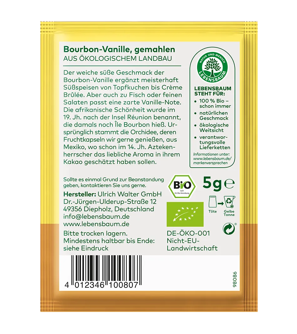 Bio Bourbon-Vanille gemahlen, 5g, gelbbraune Sachets-Verpackung von Lebensbaum mit Ökozertifikat und Produktinformationen