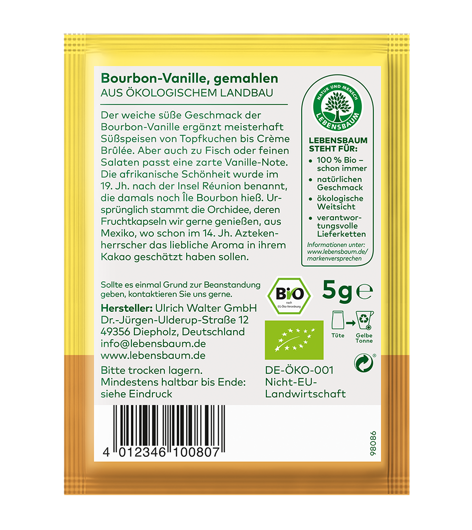Bio Bourbon-Vanille gemahlen, 5g, gelbbraune Sachets-Verpackung von Lebensbaum mit Ökozertifikat und Produktinformationen