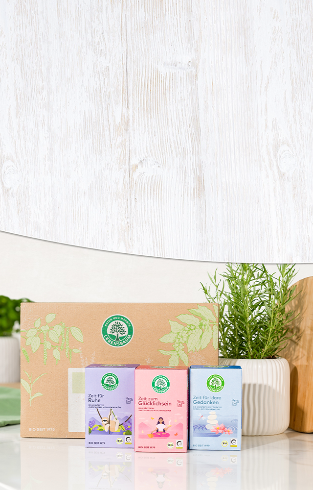 Tee-Geschenkset Achtsamkeit vor einer Geschenkbox aufgestellt