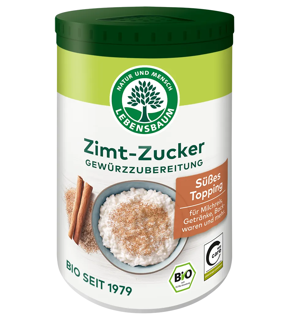 Lebensbaum Bio Zimt-Zucker Gewürzzubereitung in grün-weißer Dose mit Streuer, zum Topping für Milchprodukte und Getränke