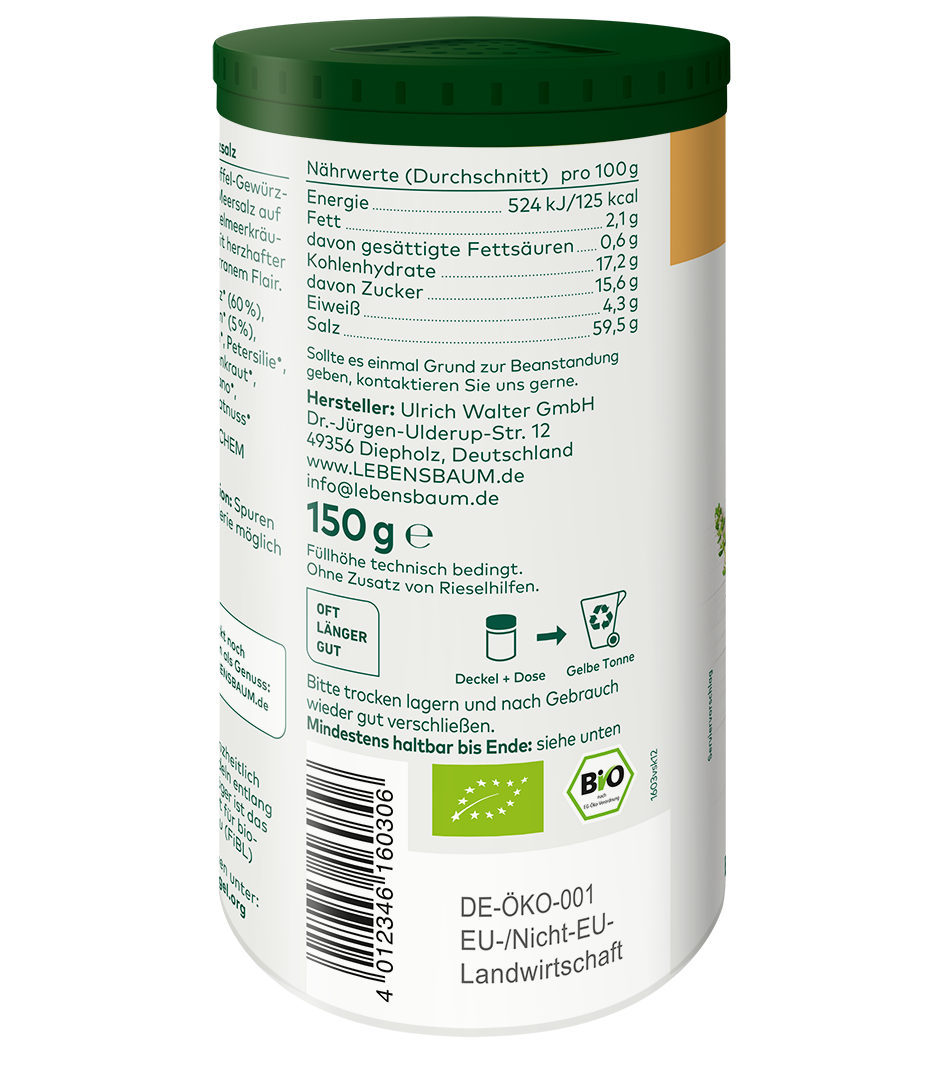 Bio-Kartoffelsalz 150g in weißer Dose mit grünem Deckel, Nährwertangaben und EU-Öko-Zertifikat