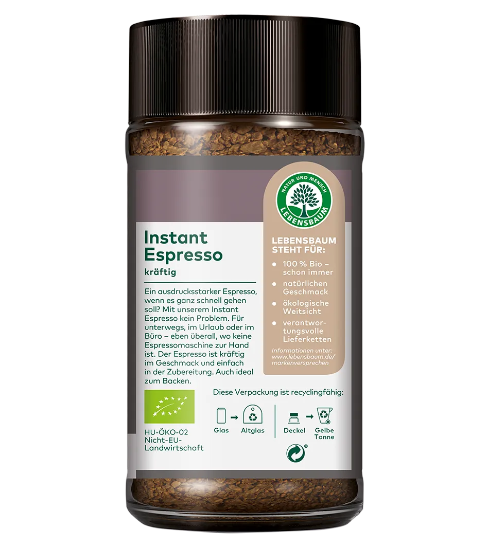 Lebensbaum Instant Espresso kräftig in Glasflasche mit schwarzem Schraubverschluss, Bio-Qualität, braune Kaffeegranulate sichtbar