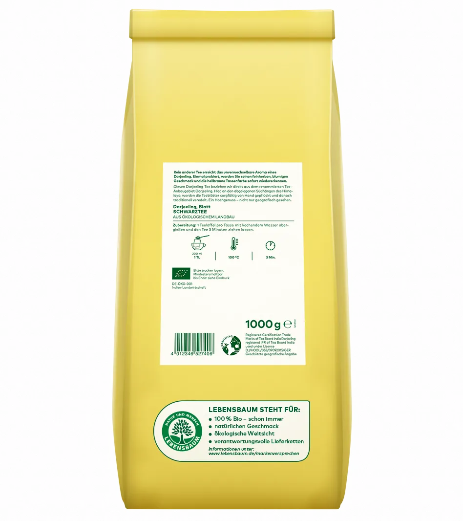 Bio Darjeeling Schwarztee iim Großgebinde 1 kg, Rückseitenansicht