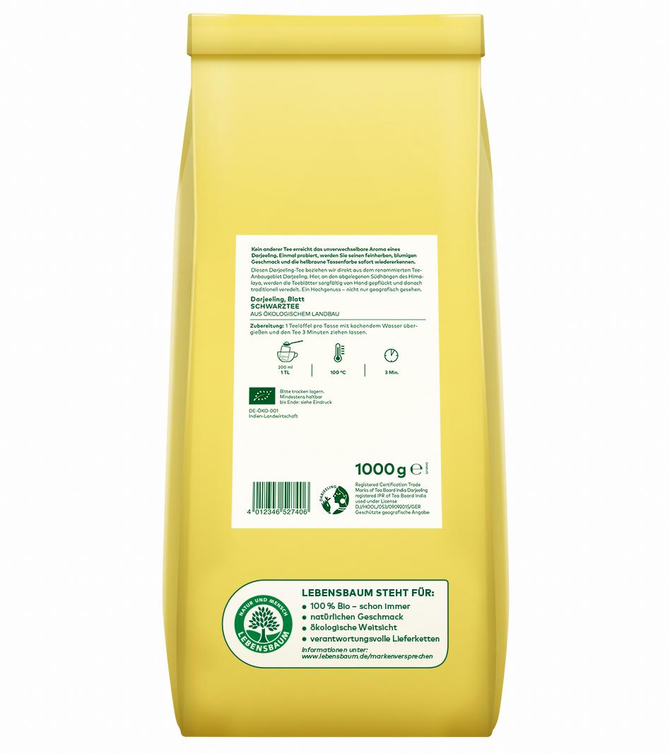 Bio Darjeeling Schwarztee iim Großgebinde 1 kg, Rückseitenansicht
