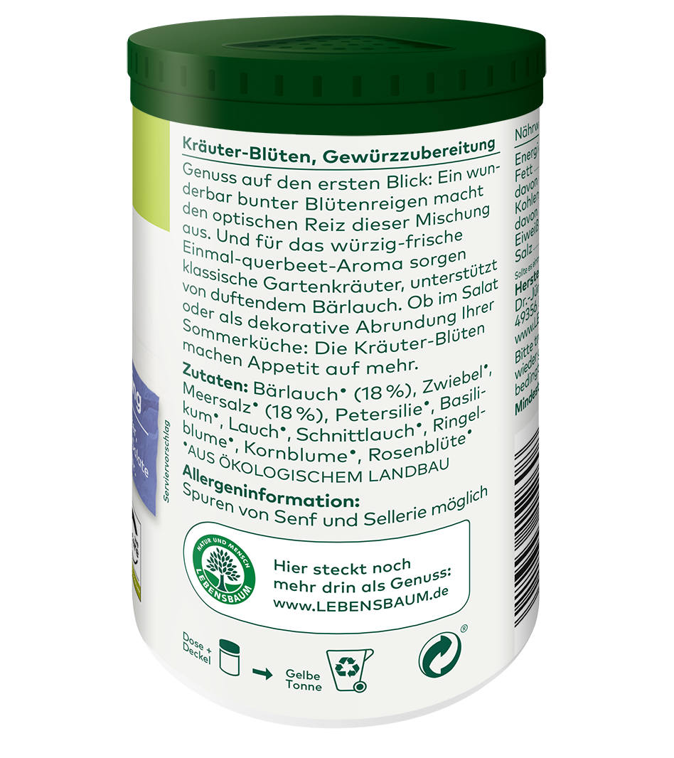 Kräuter-Blüten Gewürzzubereitung in grüner Dose mit weißem Etikett, Bio-Zertifikat, Zutaten: Bärlauch, Zwiebel, Petersilie, Basilikum, Rosenblüte
