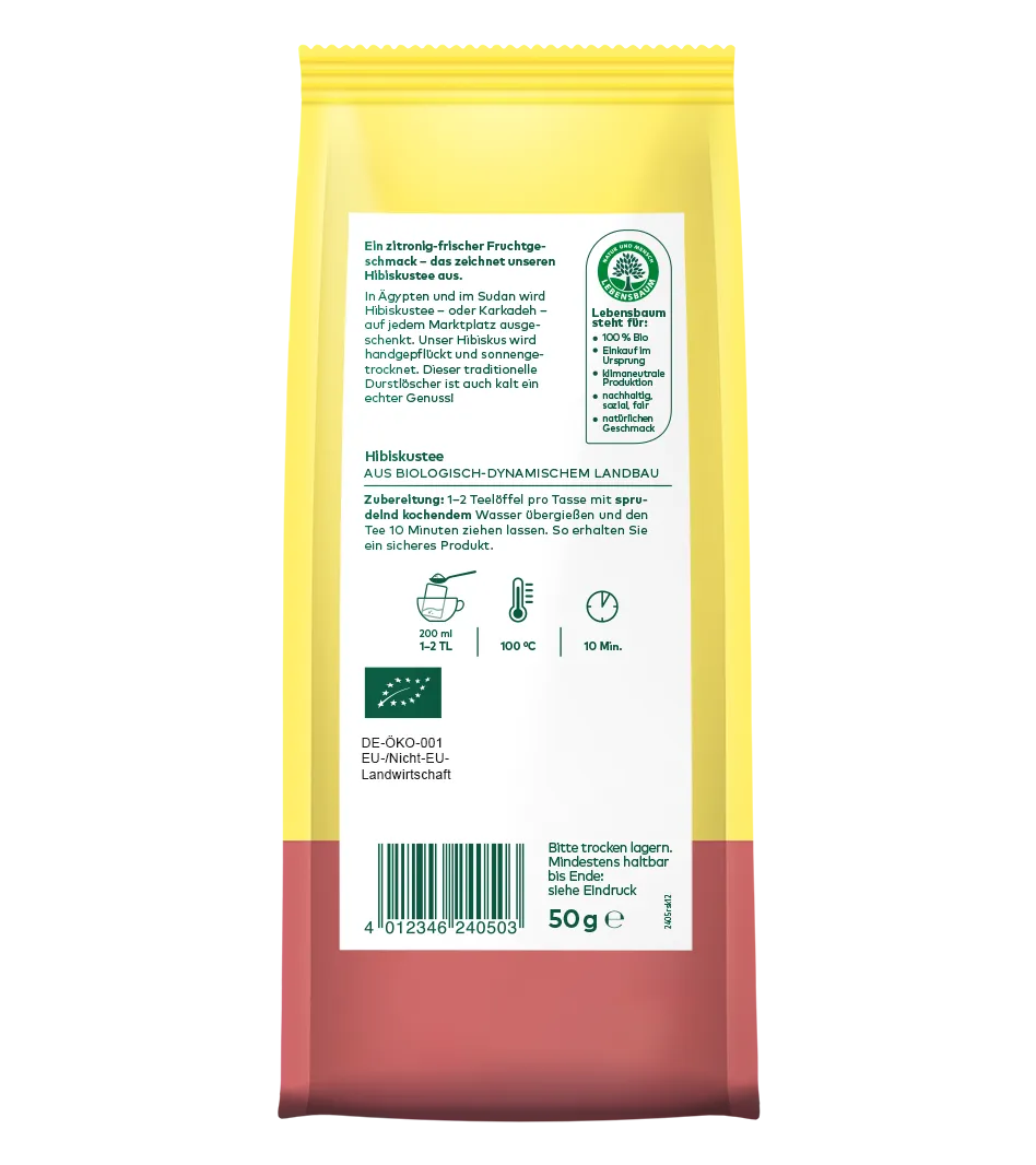 Bio-Hibiskustee aus biologisch-dynamischem Anbau, 50g Packung gelb-rot, mit Zubereitungsanleitung und Lebensbaum-Zertifikat.