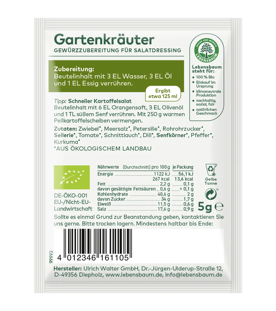 Gartenkräuter Gewürzzubereitung für Salatdressing, Bio-Mischung von Lebensbaum, 5g Sachtet mit Zutaten wie Zwiebel, Petersilie und Pfeffer.