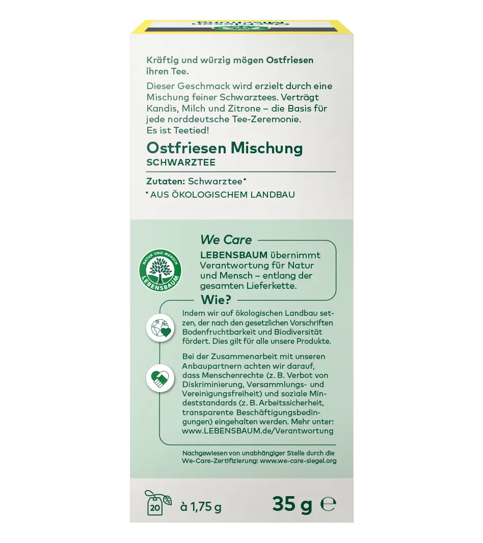 Ostfriesen Mischung Schwarztee, 35g Packung mit gelbem Deckel, Bio-Qualität aus ökologischem Anbau mit Lebensbaum-Zertifizierung.