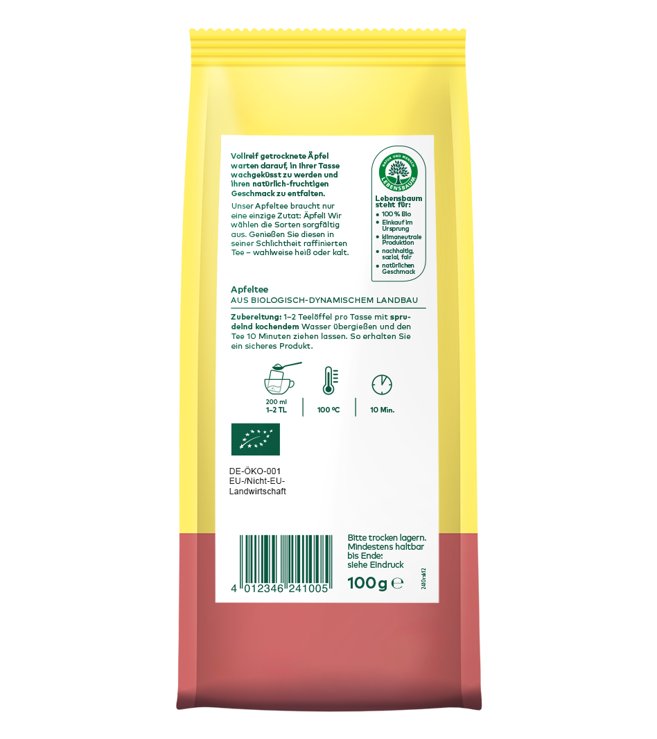 Bio Apfeltee 100g, gelbe Verpackung mit roten Akzenten, aus biologisch-dynamischem Landbau, Zubereitung 10 Minuten bei 100°C