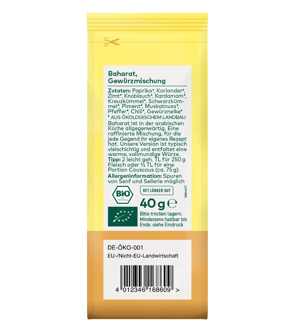 Baharat-Gewürzmischung Bio, 40g Packung in Gelb mit braunem Bodenetikett, Zutaten und Öko-Zertifizierungen sichtbar