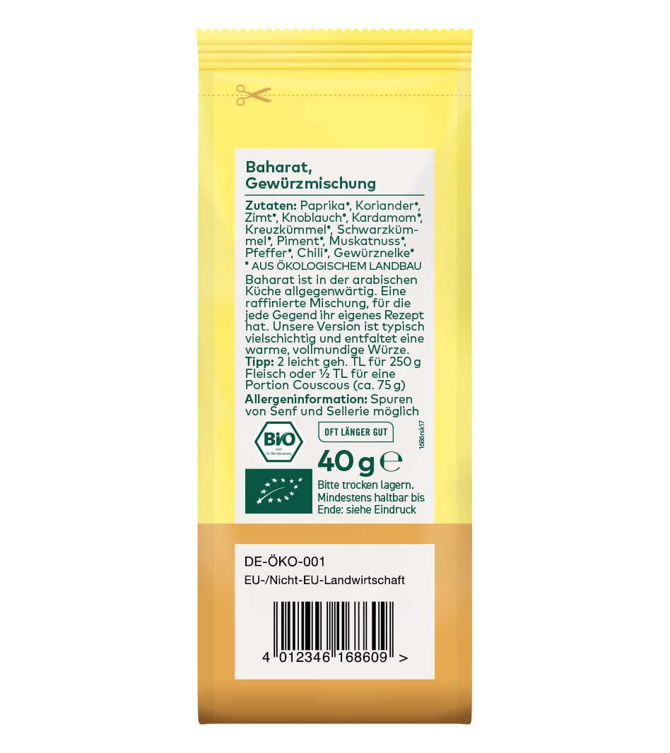 Baharat-Gewürzmischung Bio, 40g Packung in Gelb mit braunem Bodenetikett, Zutaten und Öko-Zertifizierungen sichtbar