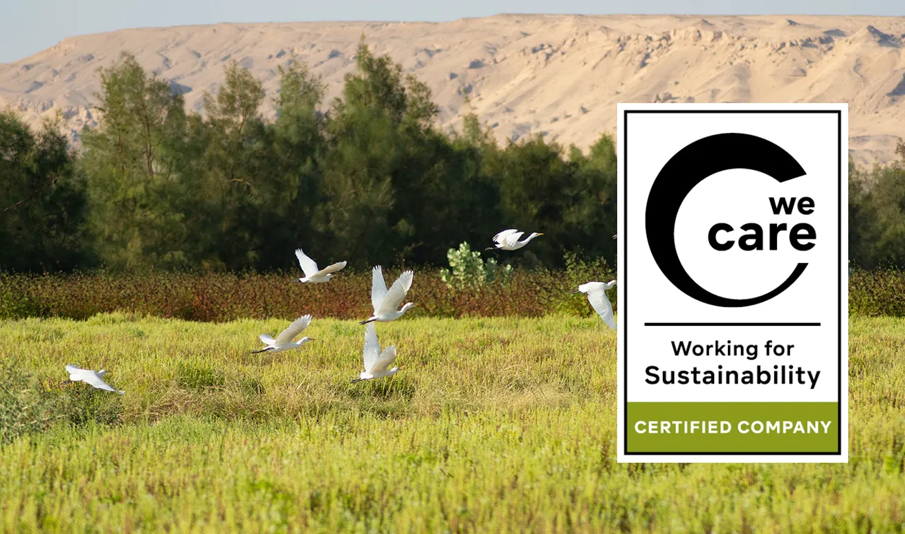 Weiße Vögel fliegen über eine grüne Wiese vor einem Waldstreifen mit Wüstenhügeln im Hintergrund; rechts im Bild ein Nachhaltigkeitszertifikat mit dem Text „we care – Working for Sustainability – Certified Company“