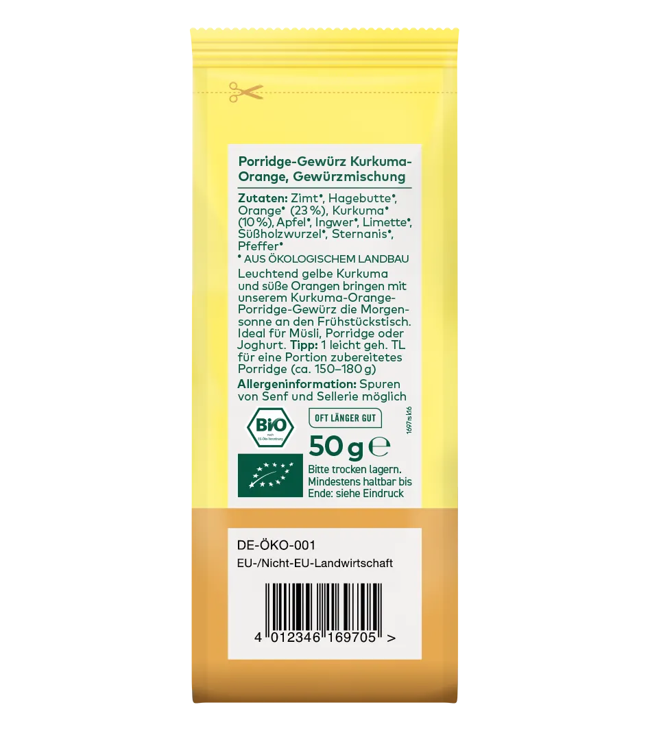 Bio-Porridge-Gewürzmischung Kurkuma-Orange, 50g Packung mit gelb-braunem Design, Zutatenliste und Bio-Zertifikat sichtbar