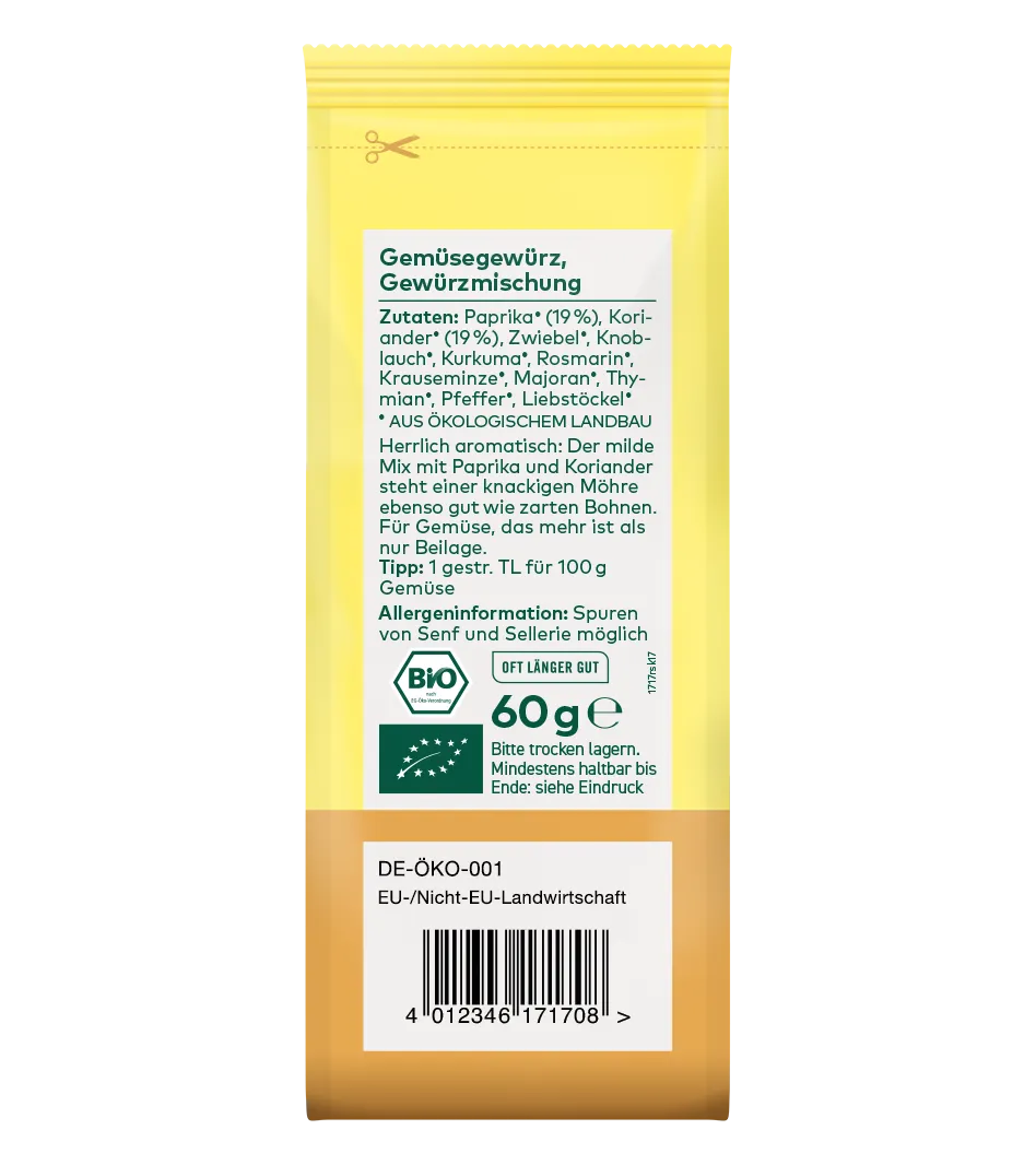 Bio-Gemüsegewürzmischung, 60g, gelb-braune Papierverpackung mit Zutatenliste, Bio- und Öko-Zertifikat, Paprika, Koriander, Kurkuma und weitere Gewürze aus ökologischem Anbau.