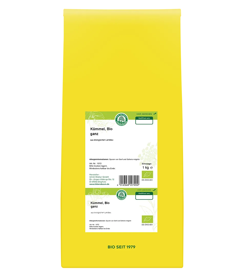 Kümmel Bio ganz, 1 kg Packung aus biologischem Landbau mit Öko-Zertifikat auf gelbem Hintergrund