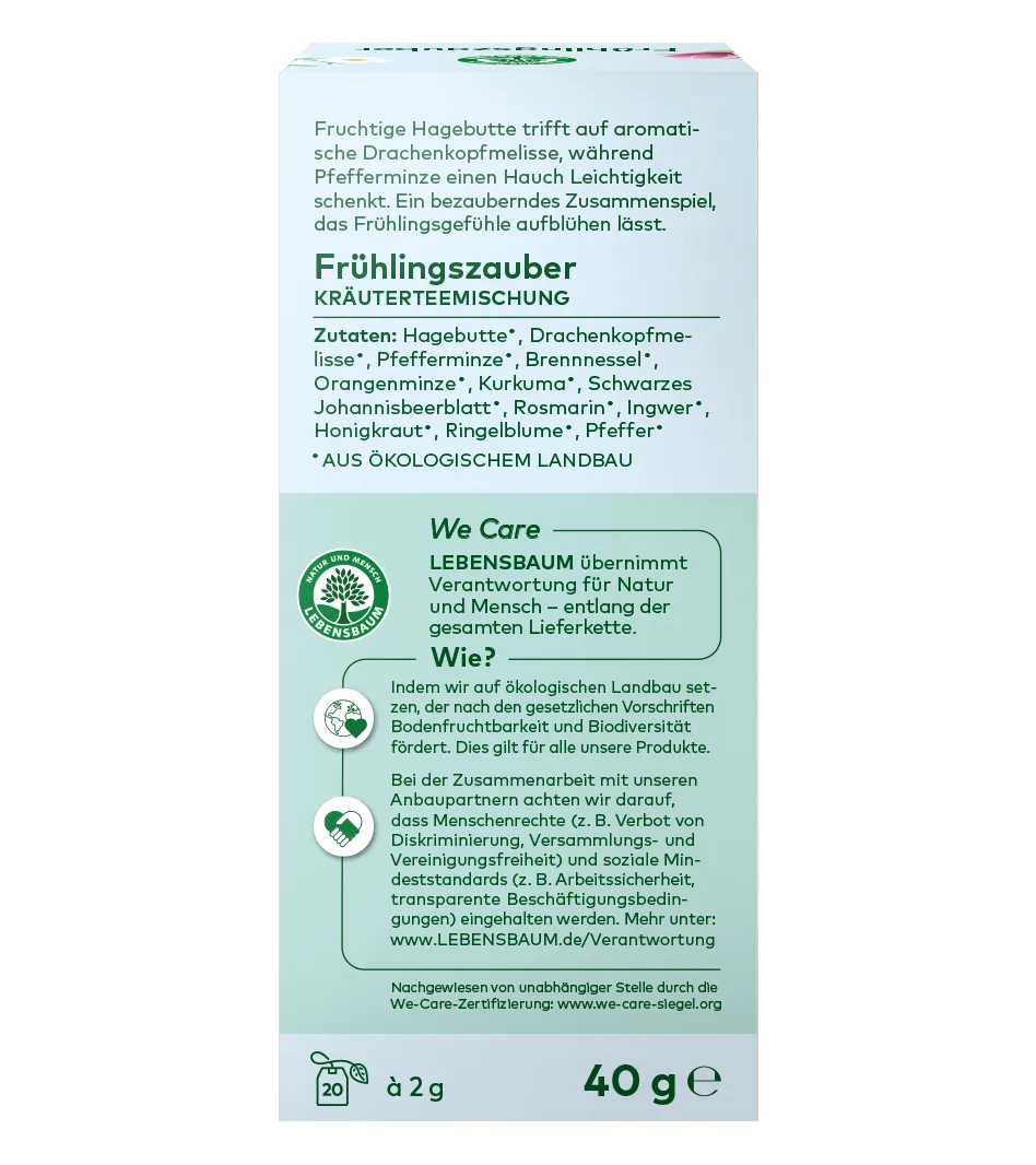 Frühlingszauber Kräuterteemischung 40g Packung mit Hagebutte, Drachenkopf und Pfefferminze aus ökologischem Anbau