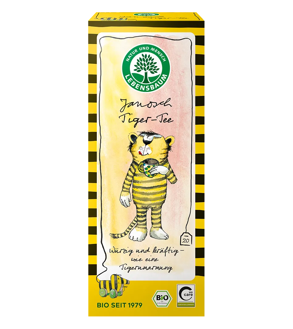 Lebensbaumm Janosch Tiger-Tee Bio, 20 Beutel, gelbe Verpackung mit gestreiftem Tiger-Illustration