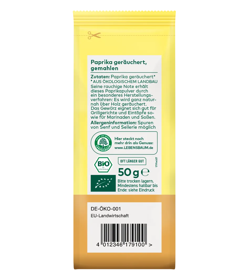 Bio-Paprika geräuchert, gemahlenes Pulver, 50g gelb-braune Verpackung mit Bio-Zertifikat und Öko-Label
