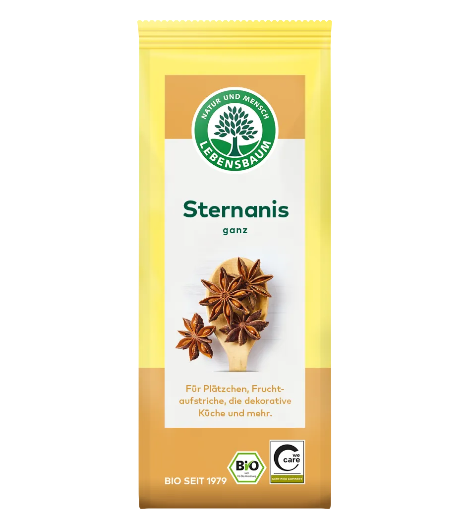Lebensbaum Bio Sternanis ganz in gelber Verpackung mit braunem Streifen und Bildern von braunen Sternanis-Früchten