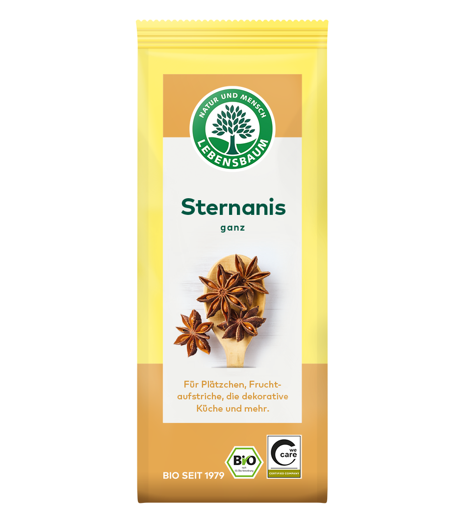 Lebensbaum Bio Sternanis ganz in gelber Verpackung mit braunem Streifen und Bildern von braunen Sternanis-Früchten