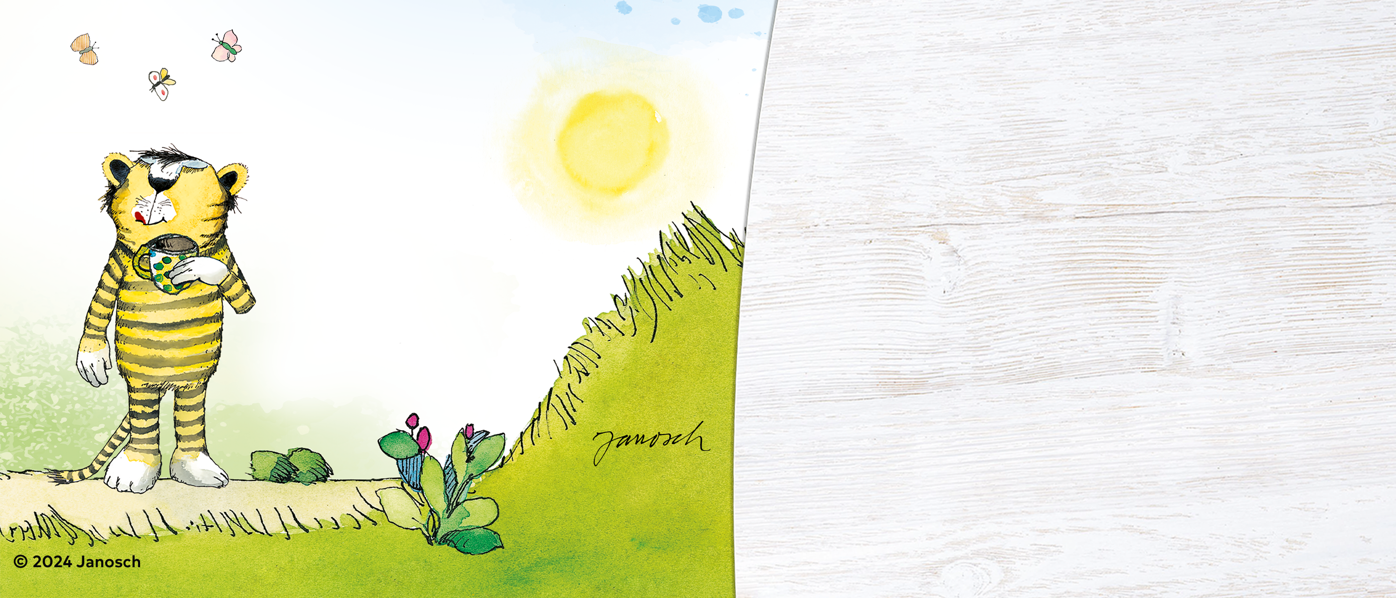 Illustration von Janosch mit Tigerfigur, die Tee trinkt, auf einem Hügel bei Sonnenschein und fliegenden Schmetterlingen